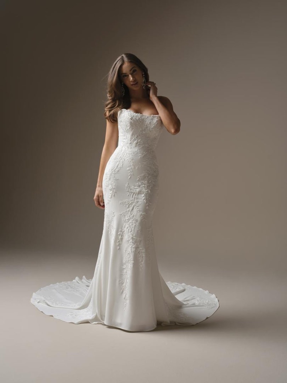 Maggie Sottero Strapless White Lace Mermaid Wedding Dress with Train